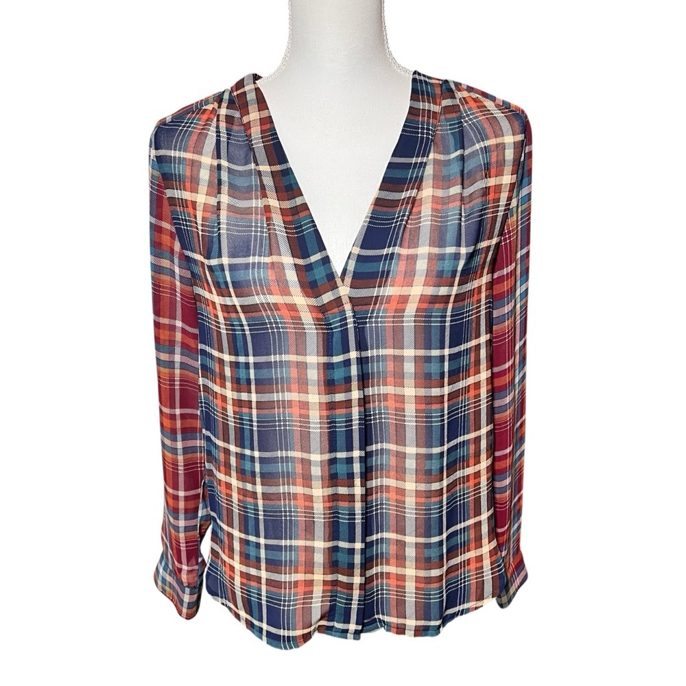 Anthropologie Maeve Sheer Plaid Printed Long Sleeve Blouse V-neck Size Small EUC - Picture 2 of 15